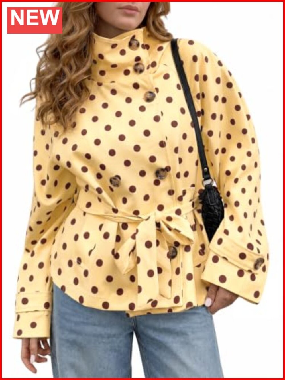 Women's Cropped Trench Coat Polka Dot Belted Windbreaker Lightweight Casual